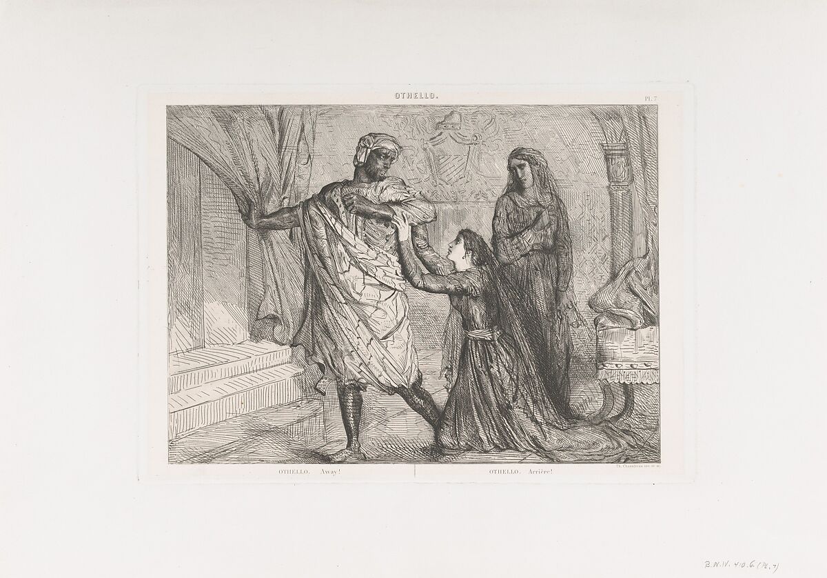 "Away!": plate 7 from Othello (Act 3, Scene 4), Théodore Chassériau (French, Le Limon, Saint-Domingue, West Indies 1819–1856 Paris), Etching, engraving, roulette, drypoint, and aquatint or sulphur tint on chine collé; second edition (Gazette des Beaux-Arts) 