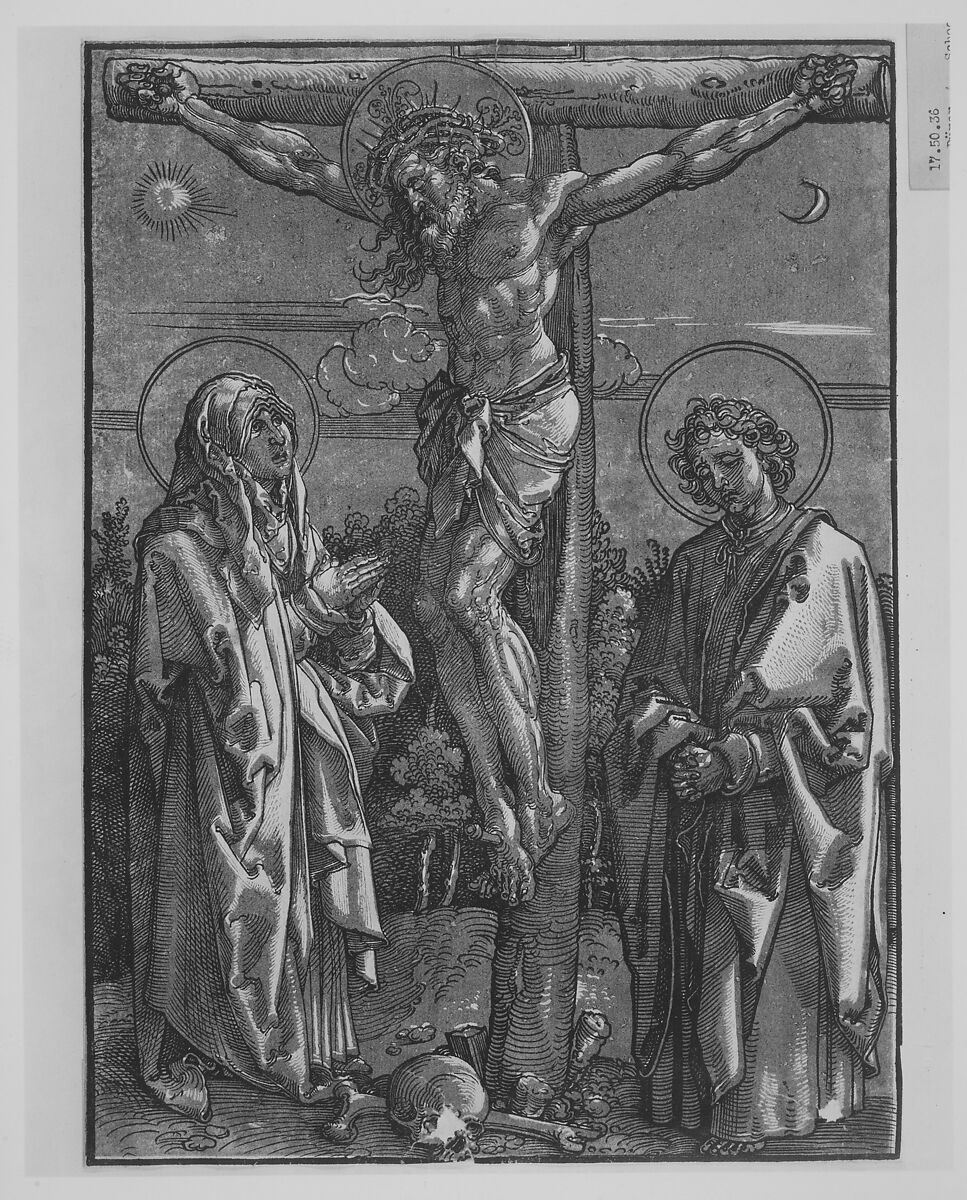 Christ on the Cross flanked by the Virgin and Saint John, Dürer-School (German, first half 16th century), Chiaroscuro woodcut with tone block in green 