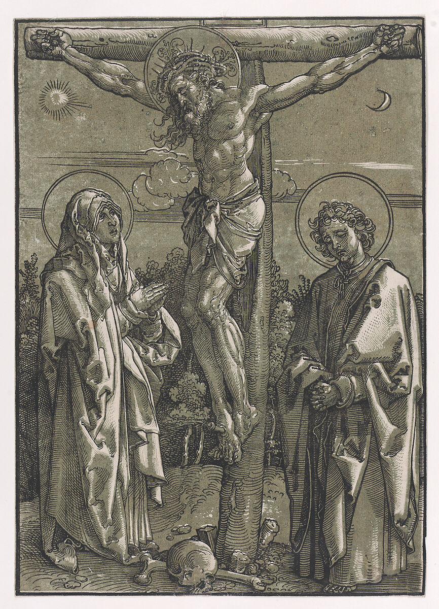 Christ on the Cross flanked by the Virgin and Saint John, Dürer-School (German, first half 16th century), Chiaroscuro woodcut with tone block in green