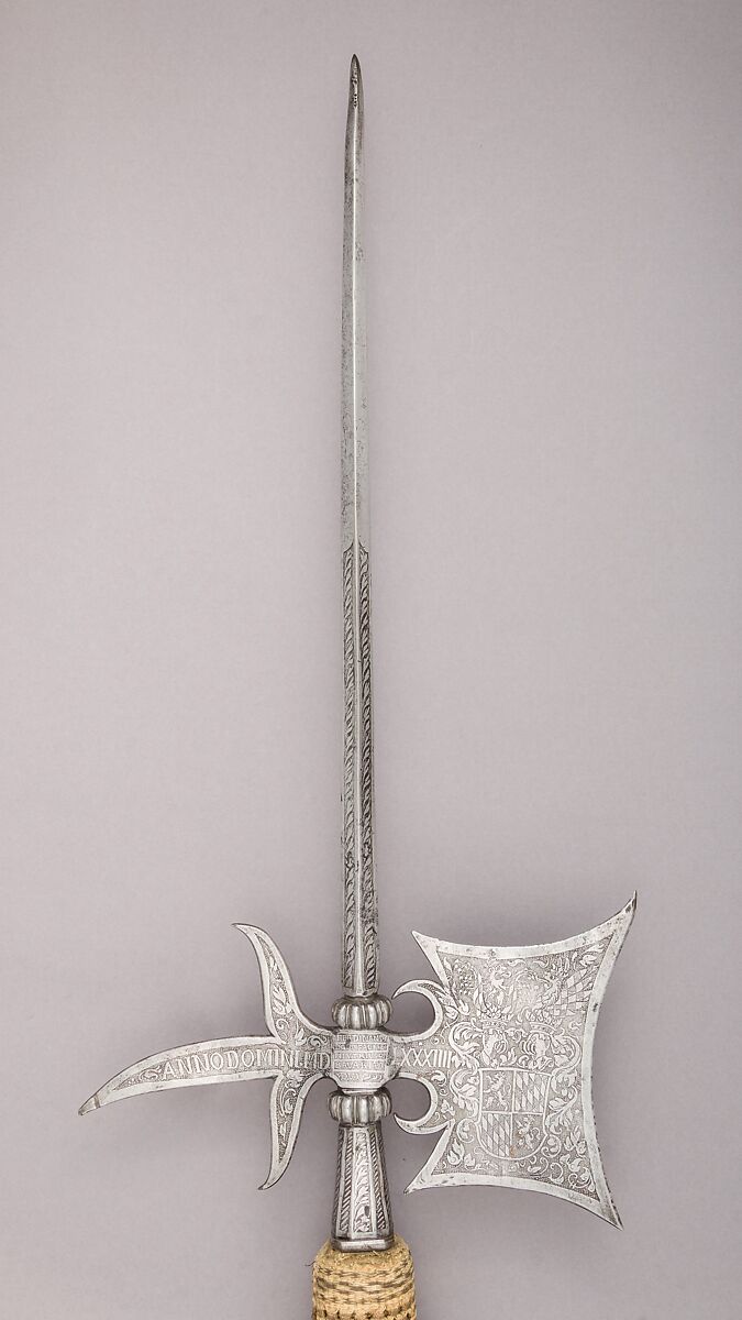 Halberd of Ferdinand IX, Count Palatine of the Rhine and Duke of Bavaria, Steel, wood, textile, German, Bavaria 