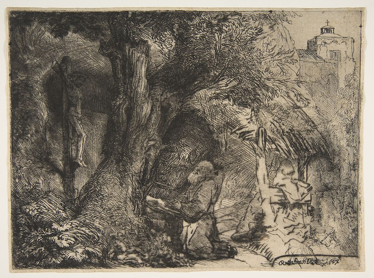 Saint Francis beneath a Tree, Praying, Rembrandt (Rembrandt van Rijn) (Dutch, Leiden 1606–1669 Amsterdam), Drypoint and etching, some plate tone; second state of two states 