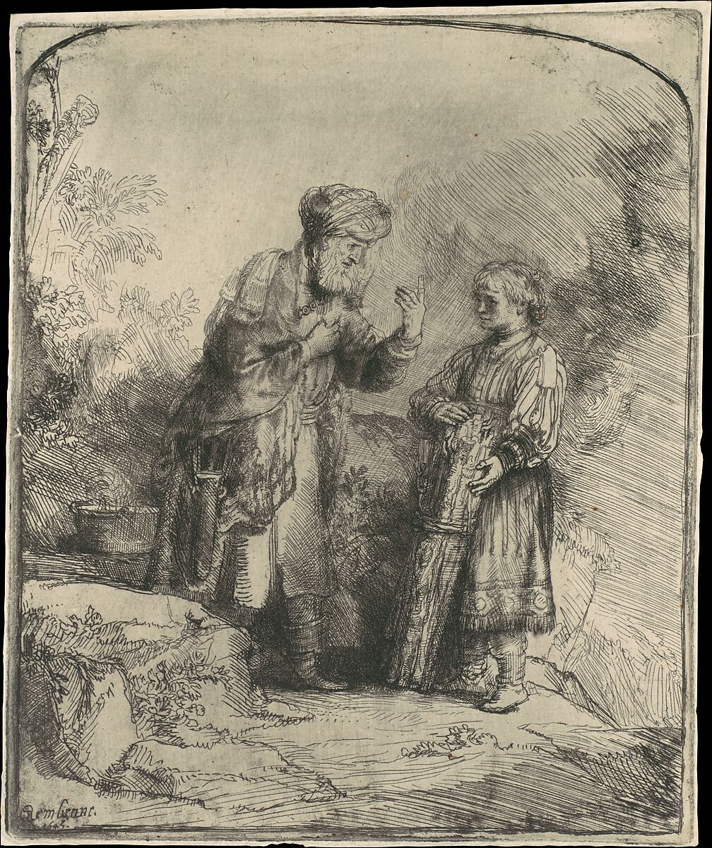 Abraham and Isaac, Rembrandt (Rembrandt van Rijn) (Dutch, Leiden 1606–1669 Amsterdam), Etching, plate tone; first of two states