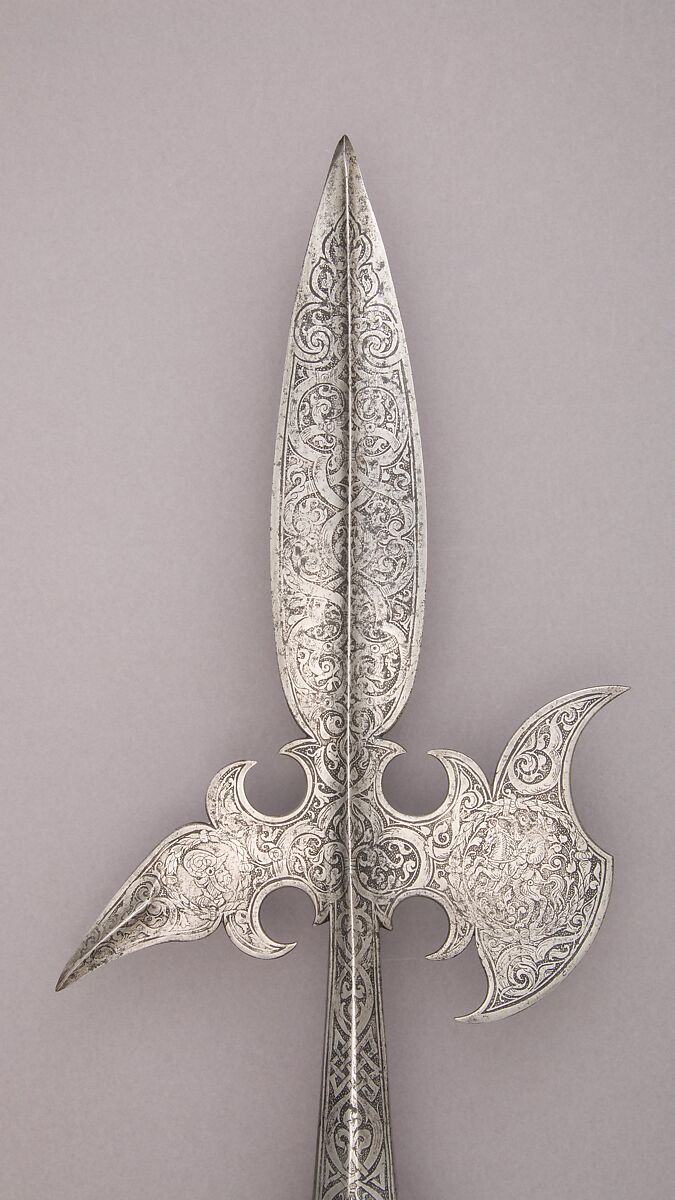 Halberd, Steel, wood, textile, metallic thread, German