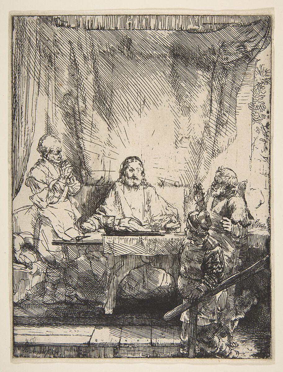 The Supper at Emmaus, Rembrandt (Rembrandt van Rijn) (Dutch, Leiden 1606–1669 Amsterdam), Etching, burin and drypoint; first of two states 