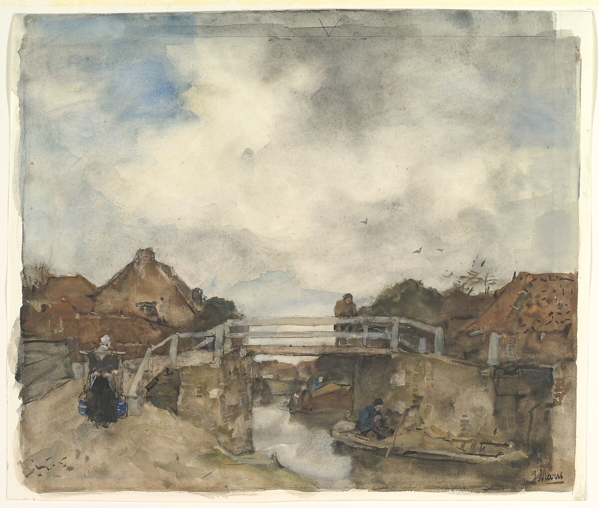 Dutch Canal, Rijswijk, Jacob Maris (Dutch, The Hague 1837–1899 Karlsbad), Watercolor over traces of black chalk 