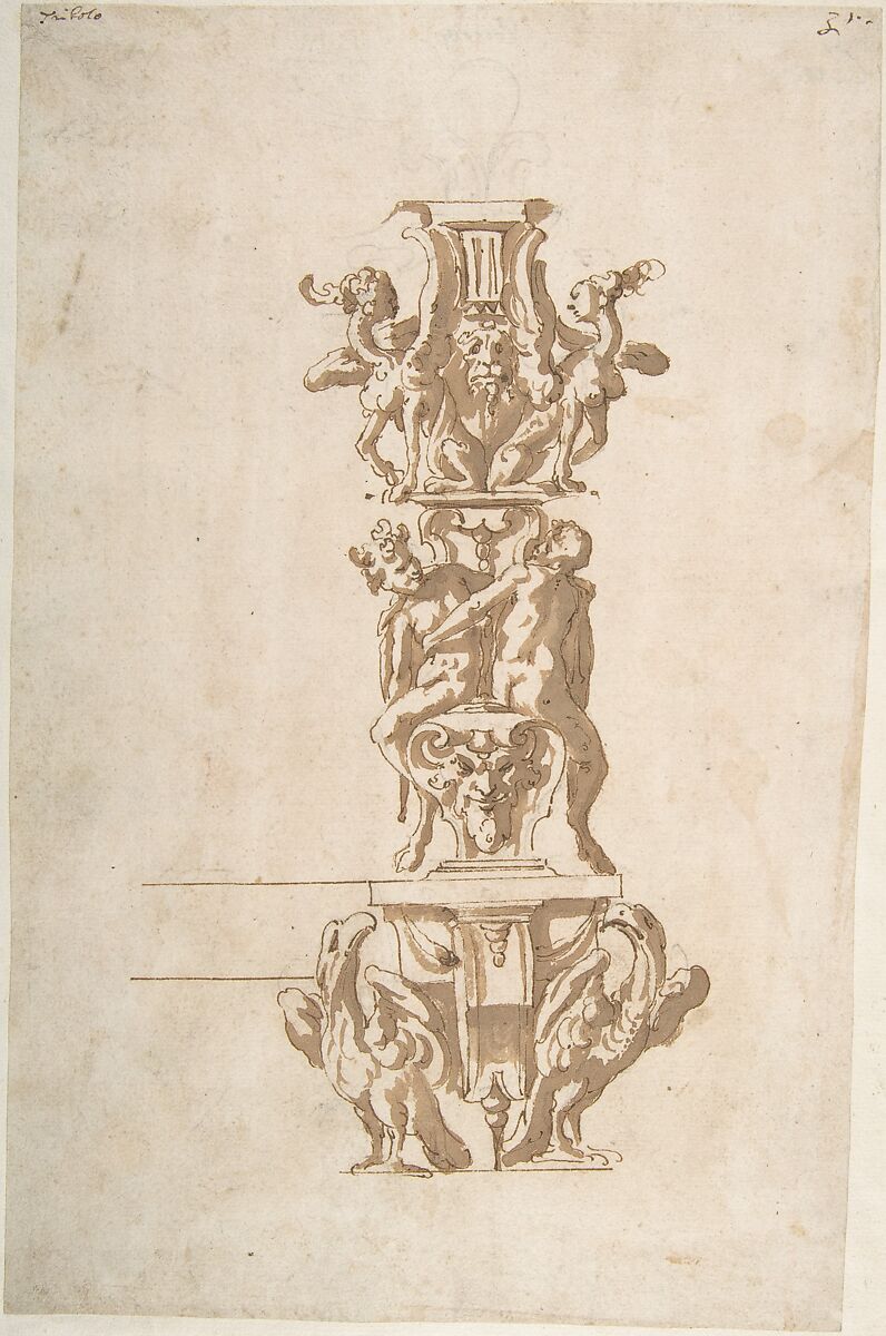Ornamental Design with Eagles and Mythological Figures, Anonymous, Italian or Spanish, 16th century, Pen and brown ink, brush and brown wash, over leadpoint 