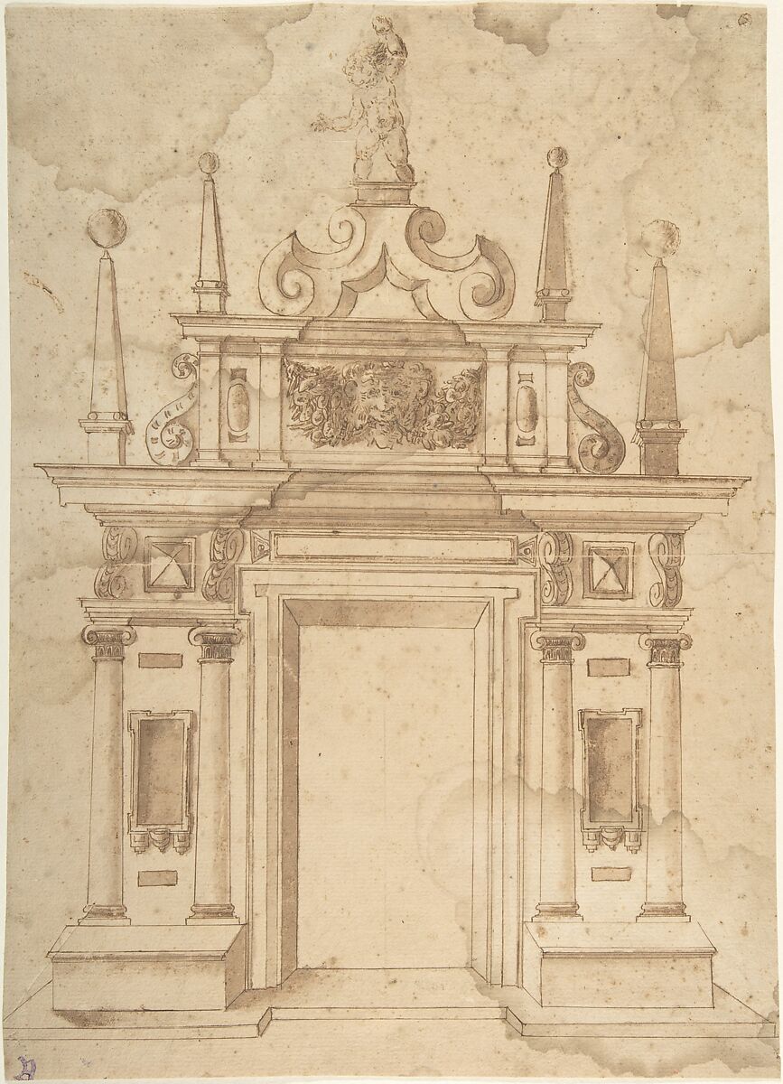 Design for a Triumphal Arch, Anonymous, Italian, 16th to 17th century, Pen and brown ink, brush and brown wash, over traces of leadpoint (?) 