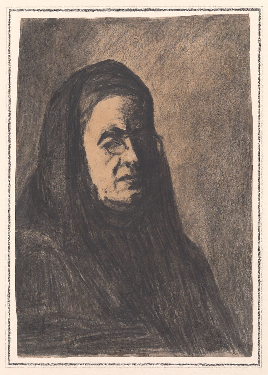 Bust of a Woman Wearing a Pince-nez (Wife of the Artist), Théodule-Augustin Ribot (French, Saint-Nicolas-d&#39;Attez 1823–1891 Colombes), Charcoal on laid paper 