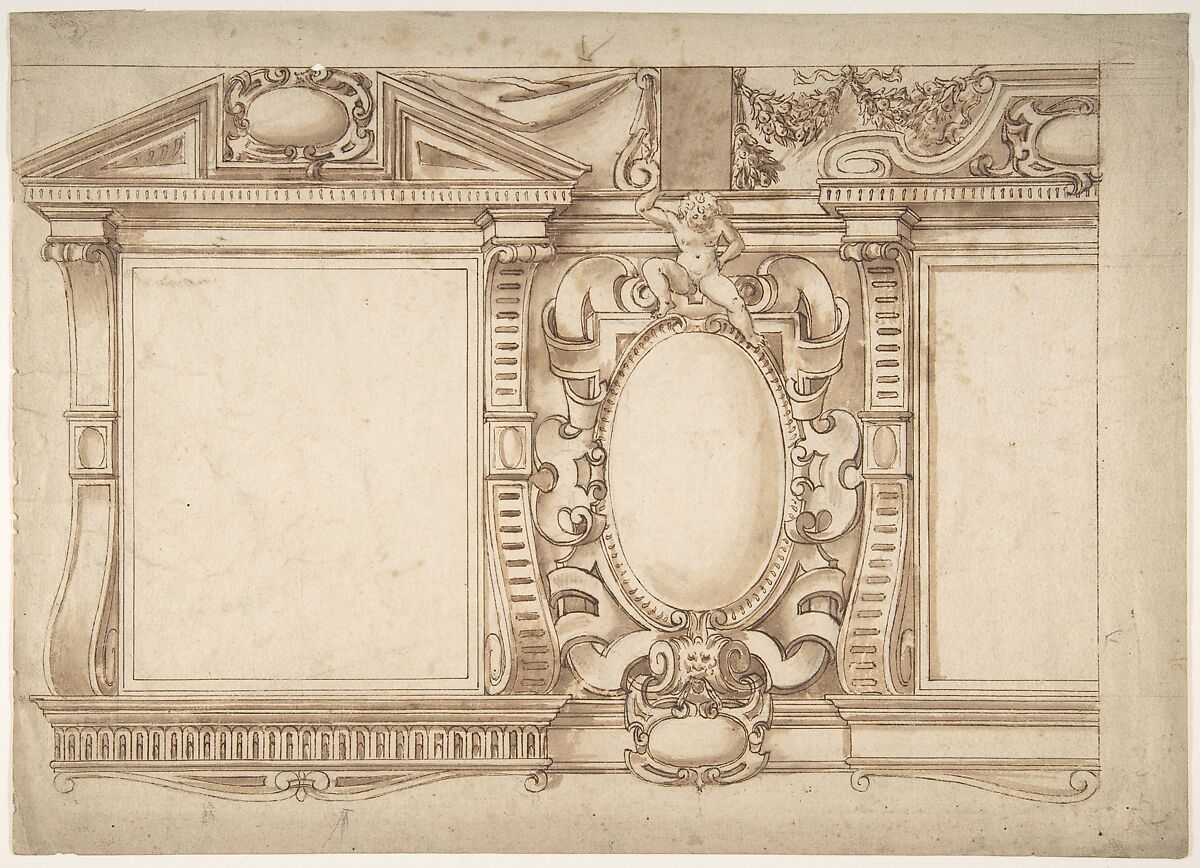 Design for an Interior Wall with Pedimented Niches or Windows, Flanking a Cartouche, Anonymous, Italian, 16th to 17th century, Pen and brown ink, brush and brown wash over traces of leadpoint, and stylus ruling 