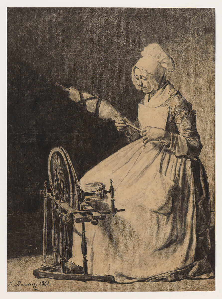 A Woman Spinning Flax, François Bonvin (French, Paris 1817–1888 Saint-Germain-en-Laye), Charcoal on laid paper 