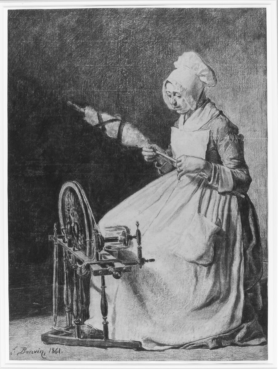 A Woman Spinning Flax, François Bonvin (French, Paris 1817–1888 Saint-Germain-en-Laye), Charcoal on laid paper