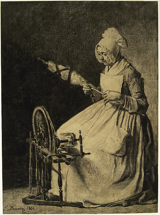 A Woman Spinning Flax, François Bonvin (French, Paris 1817–1888 Saint-Germain-en-Laye), Charcoal on laid paper