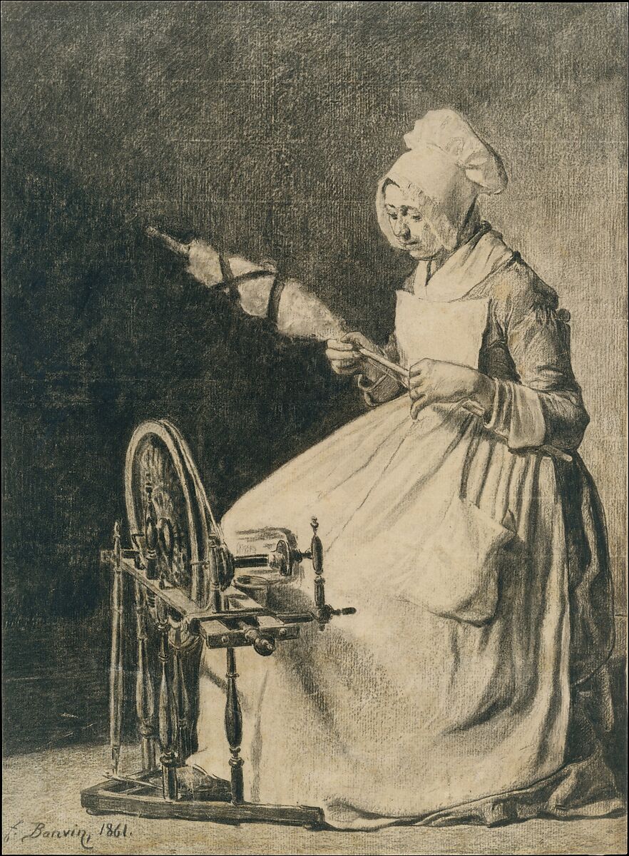 A Woman Spinning Flax, François Bonvin (French, Paris 1817–1888 Saint-Germain-en-Laye), Charcoal on laid paper
