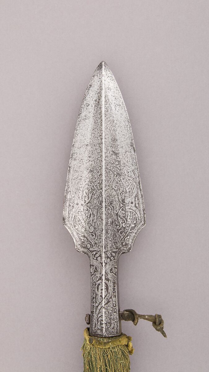 Boar Spear, Steel, wood, leather, textile (probably silk), French 