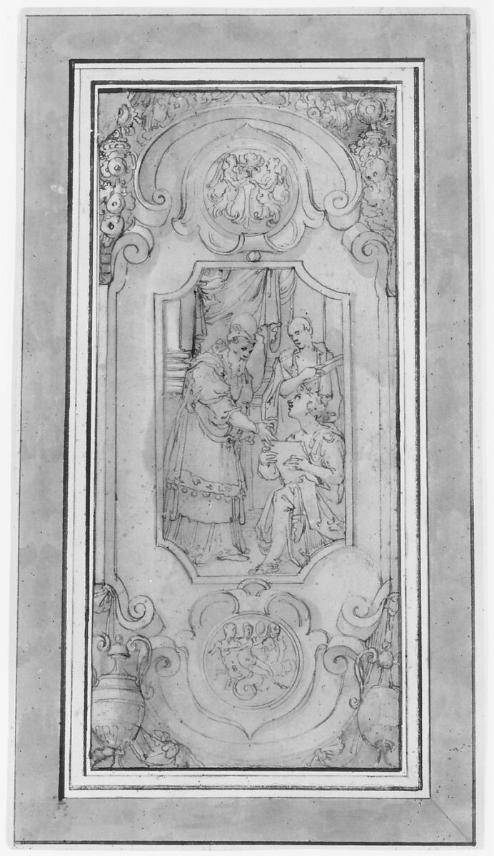 Design for a Cartouche with a Religious Subject in the Central Compartment, Attributed to Taddeo Zuccaro (Italian, Sant'Angelo in Vado 1529–1566 Rome), Pen and brown ink, brush and brown wash, over leadpoint (?)