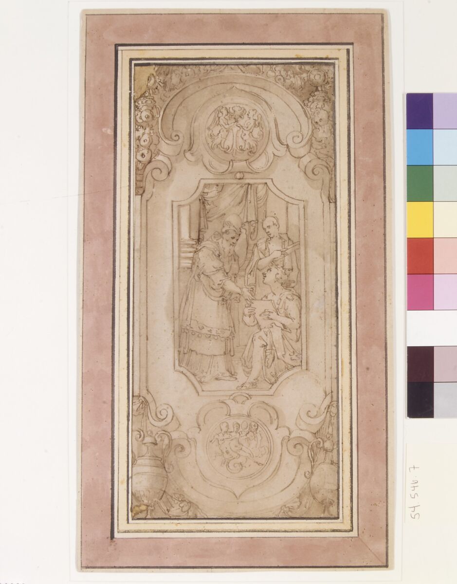 Design for a Cartouche with a Religious Subject in the Central Compartment, Attributed to Taddeo Zuccaro (Italian, Sant'Angelo in Vado 1529–1566 Rome), Pen and brown ink, brush and brown wash, over leadpoint (?)