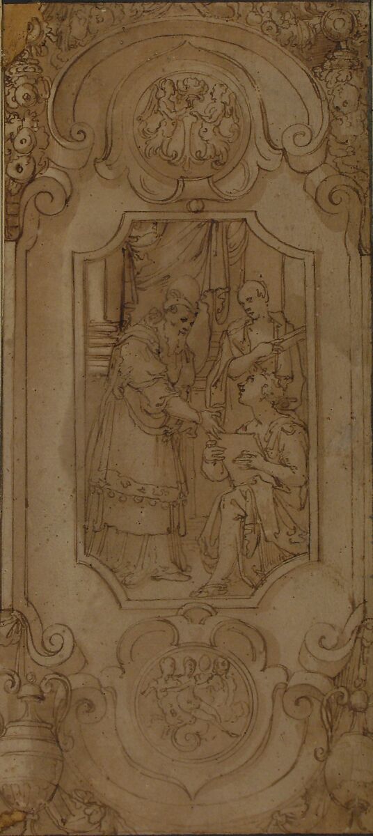Design for a Cartouche with a Religious Subject in the Central Compartment, Attributed to Taddeo Zuccaro (Italian, Sant'Angelo in Vado 1529–1566 Rome), Pen and brown ink, brush and brown wash, over leadpoint (?)