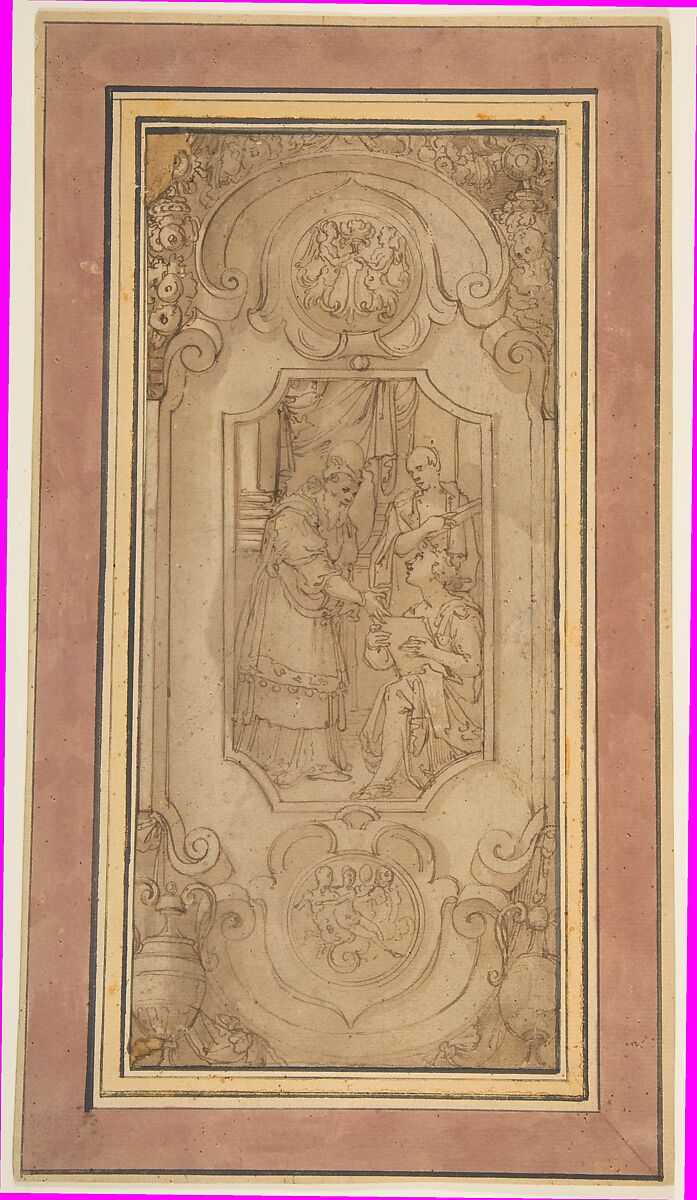 Design for a Cartouche with a Religious Subject in the Central Compartment, Attributed to Taddeo Zuccaro (Italian, Sant'Angelo in Vado 1529–1566 Rome), Pen and brown ink, brush and brown wash, over leadpoint (?)