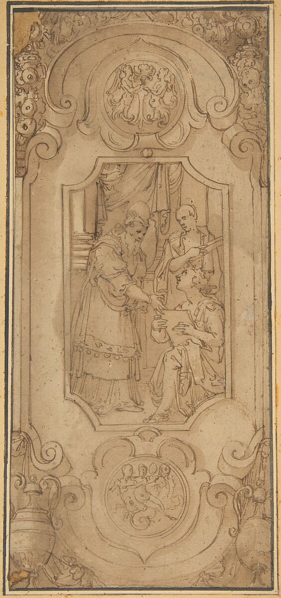 Design for a Cartouche with a Religious Subject in the Central Compartment, Attributed to Taddeo Zuccaro (Italian, Sant&#39;Angelo in Vado 1529–1566 Rome), Pen and brown ink, brush and brown wash, over leadpoint (?) 