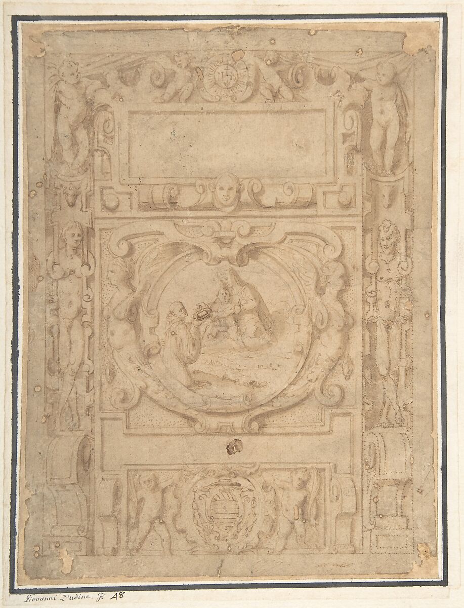 Design for a Cartouche with the "IHS" Monogram of the Society of Jesus, Putti, Fantastick Creatures, at the Borders, a Central Scene of the Virgin and Child with a Monastic Figure, and the Family Arms of a Cardinal, Anonymous, Italian, second half of the 16th century, Pen and brown ink, brush and brown wash, outlines partly pricked for transfer 