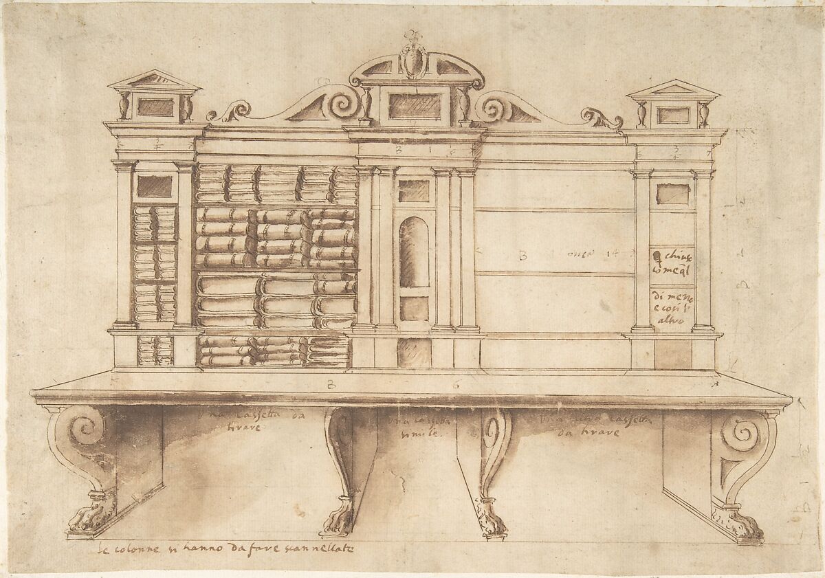 Design for a Bookcase with Writing Desk, Anonymous, Italian, 16th century (Italian, active Central Italy, ca. 1550–1580), Pen and brown ink, brush and brown wash, over leadpoint 