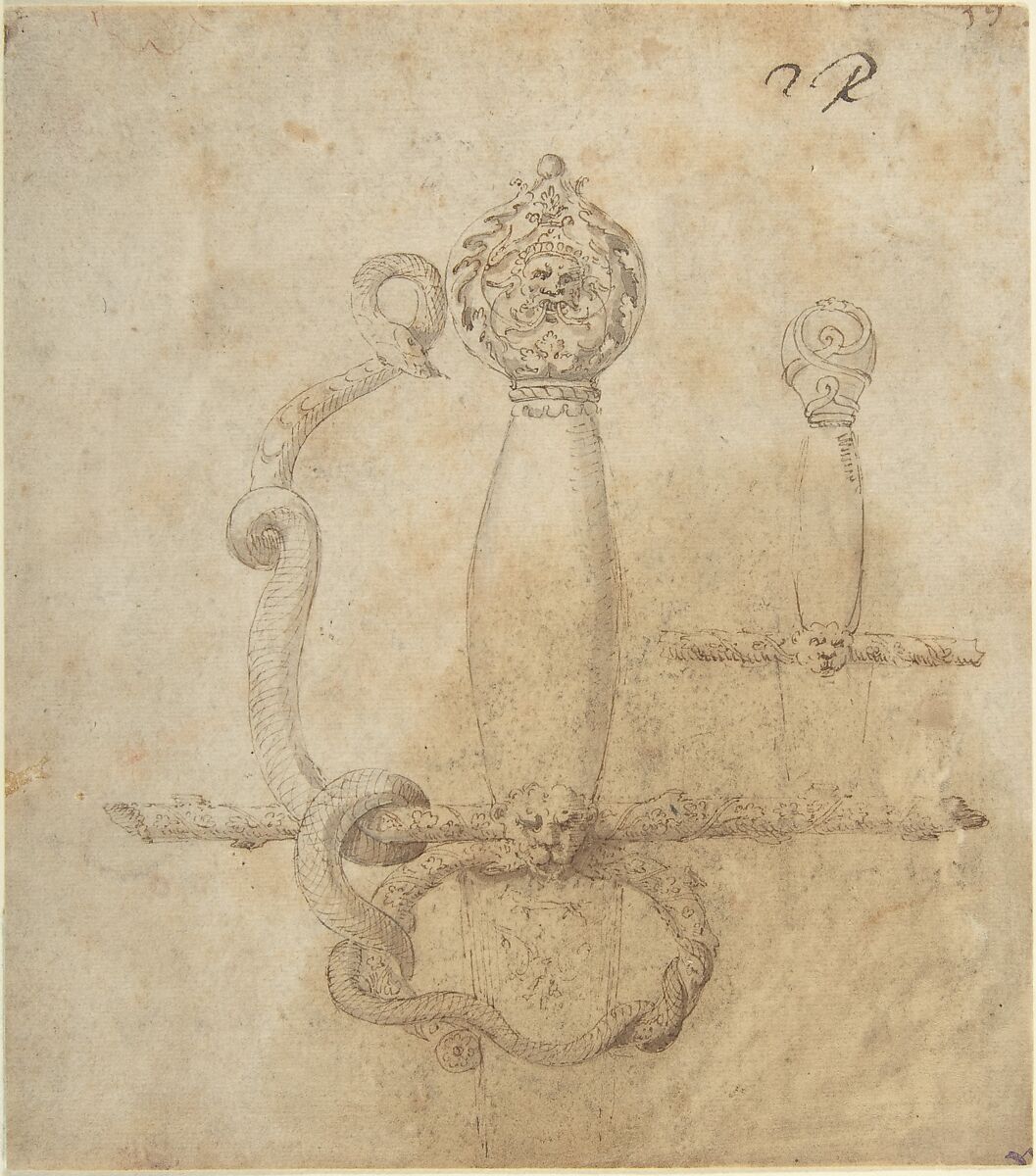 Two Designs for the Hilt of a Sword (recto); Two Designs for Helmets (verso), Anonymous, Italian, mid-16th century, Pen and brown ink, brush with brown and gray wash 