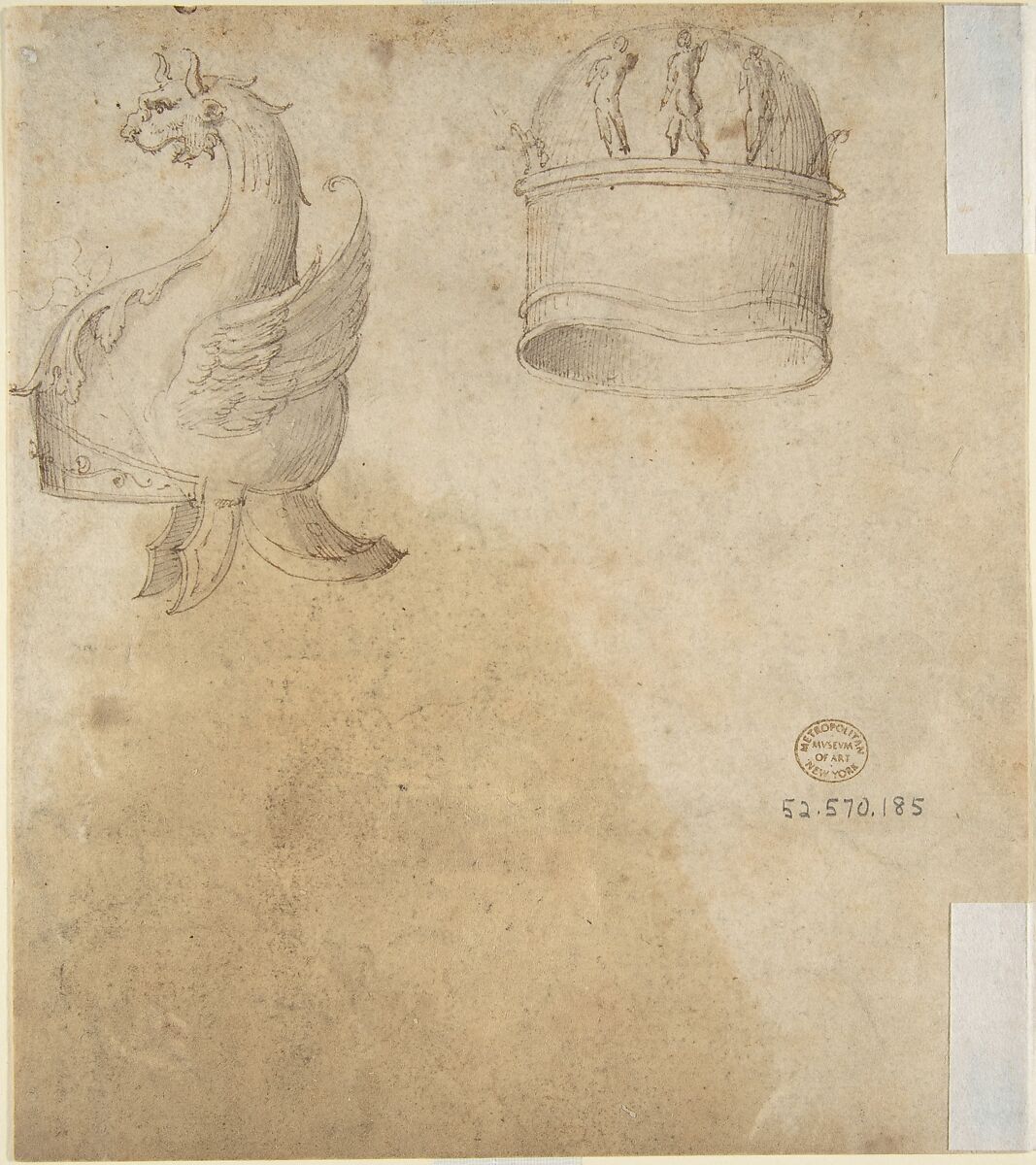 Two Designs for the Hilt of a Sword (recto); Two Designs for Helmets (verso), Anonymous, Italian, mid-16th century, Pen and brown ink, brush with brown and gray wash
