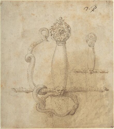 Two Designs for the Hilt of a Sword (recto); Two Designs for Helmets (verso)