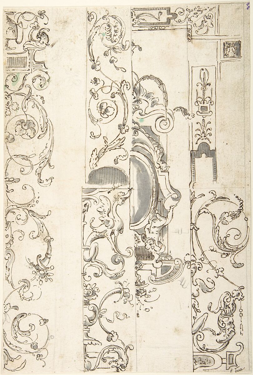 Sheet with Various Studies of Candelabra Grotesques, Foliage and a Cartouche, Anonymous, Italian, 16th to 17th century, Pen and brown ink, brush and gray wash, over leadpoint; several small unrelated studies in leadpoint 