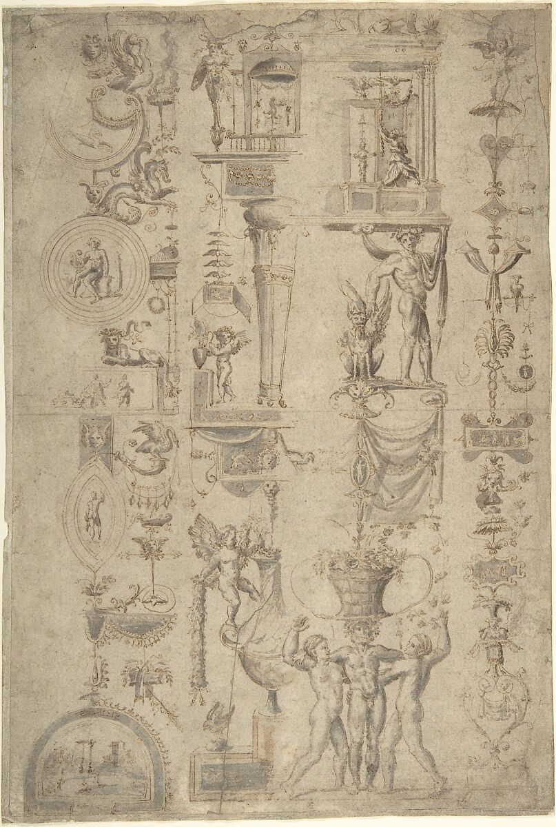Design of Antique-Style Ornament ("Grotteschi"), Anonymous, Italian, 16th century (Italian, active Central Italy, ca. 1550–1580), Pen and brown ink, brush with gray and brown wash 