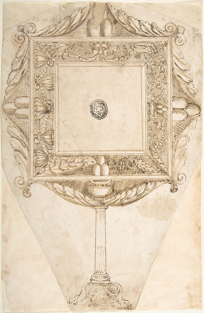 Design for a Mirror with the Sigil of Three Mountains (Family Crest of the Monti?), Anonymous, Italian, 16th century (Italian, active Central Italy, ca. 1550–1580), Pen and brown ink, brush and brown wash, ruler and compass work. 