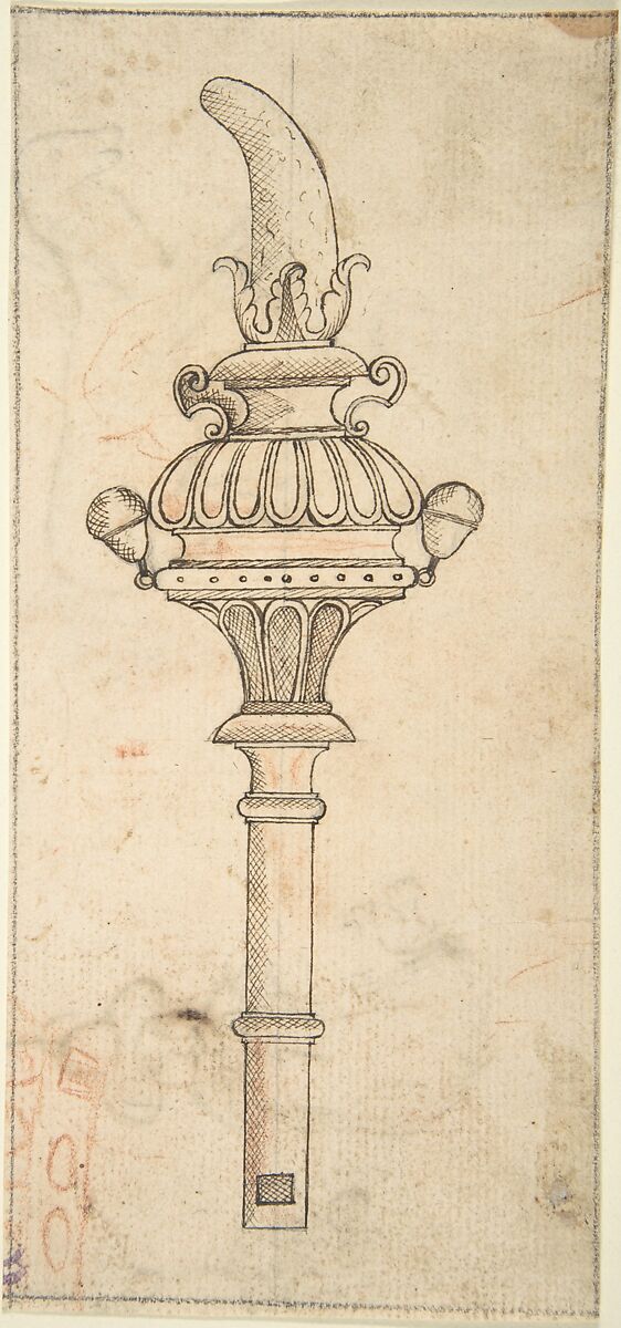 Design for a Rattle and Whistle (recto); Crude Sketches of an Equine Animal and a Figure in Exotic Costume (verso), Anonymous, Italian, 16th century (Italian, active Central Italy, ca. 1550–1580), Pen and brown ink, with a plumbline in leadpoint; red chalk (unrelated sketches) 