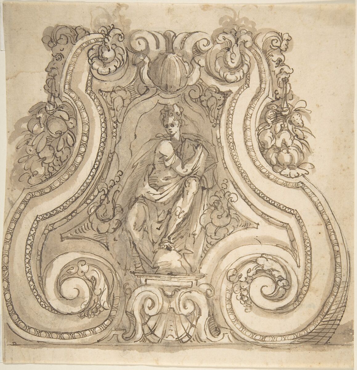 Design for the Base of a Candle Stick with a Seated Female(?) Figure, Anonymous, Central-Italian, 16th century, Pen and brown ink, brush and brown wash, over leadpoint 