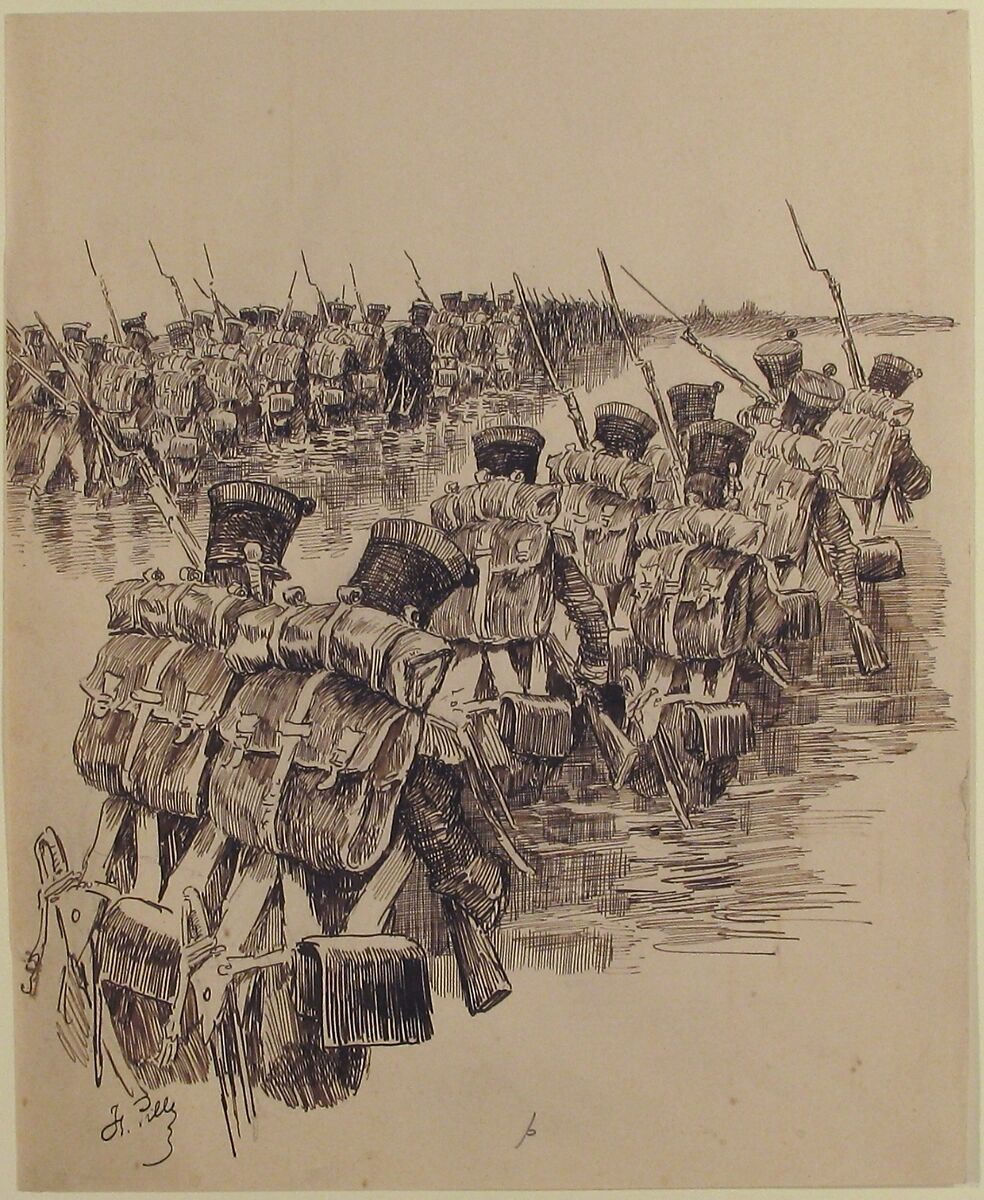 Soldiers Marching in Water, Charles-Henri Pille (French, Essones 1844–1897 Paris), Pen and ink