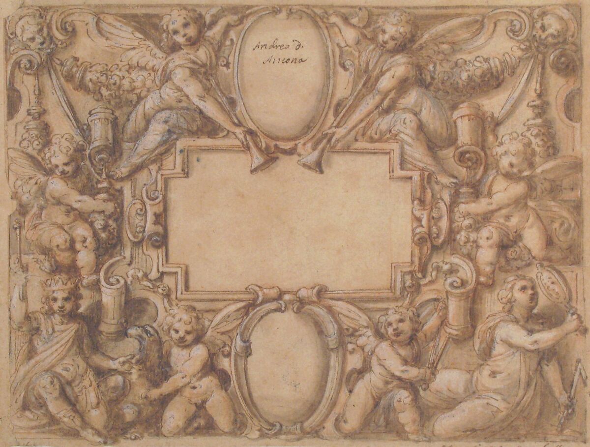 A Cartouche and Two Shields Surrounded by Allegorical Figures., Attributed to Andrea Lilli (Lilio) (Italian, Ancona ca. 1560–ca. 1635 Ascoli Piceno), Pen and brown ink, brush and brown wash, highlighted with white gouache, over red and black chalk
