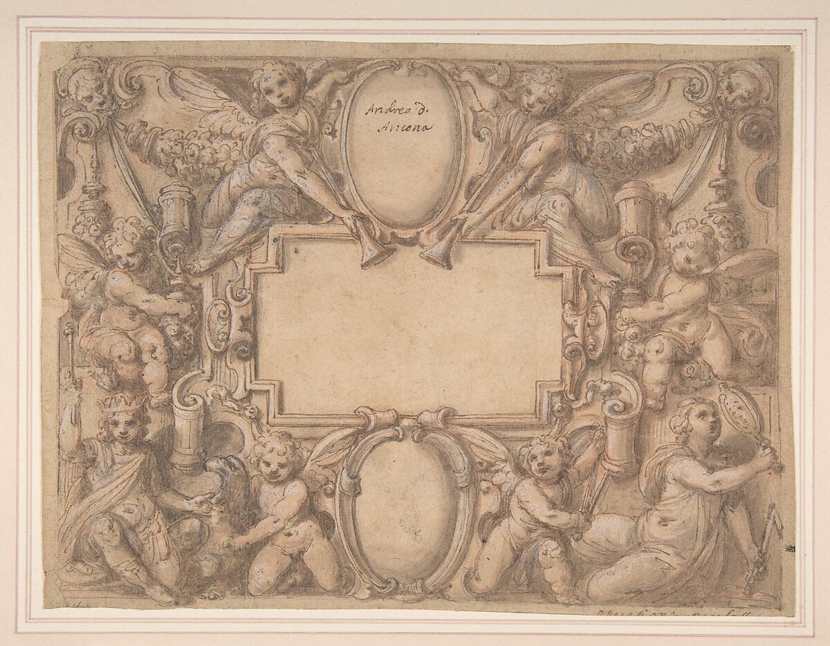 A Cartouche and Two Shields Surrounded by Allegorical Figures., Andrea Lilli (Lilio)  Italian, Pen and brown ink, brush and brown wash, highlighted with white gouache, over red and black chalk