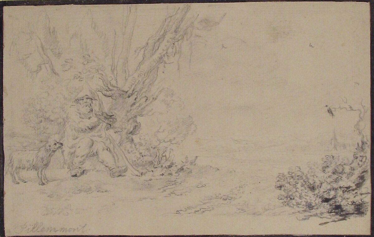 Landscape with Seated Shepherd and Dog, Attributed to Jean Pillement (French, Lyons 1728–1808 Lyons), Graphite with touches of brush and brown wash