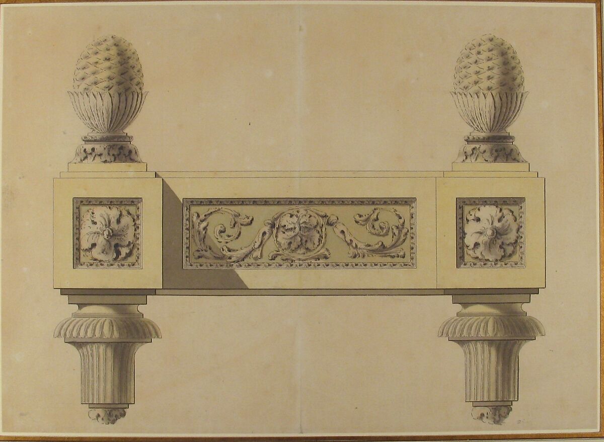 Design for Andirons, Jean Louis Prieur le Jeune (French, Paris 1759–1795 Paris), Pen and black ink, brush and gray, yellow and green wash over graphite underdrawing; on two joined pieces of paper