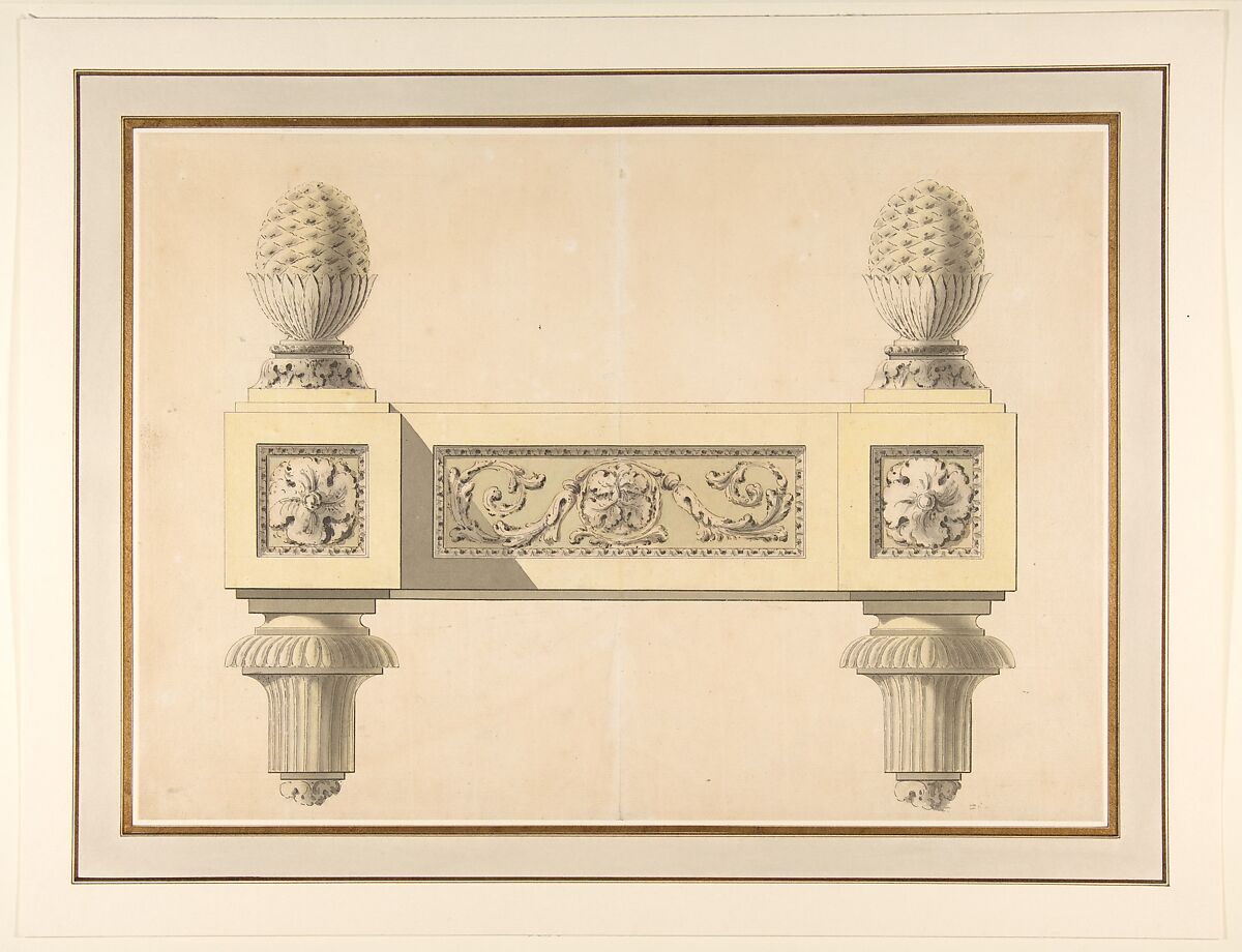 Design for Andirons, Jean Louis Prieur le Jeune (French, Paris 1759–1795 Paris), Pen and black ink, brush and gray, yellow and green wash over graphite underdrawing; on two joined pieces of paper 