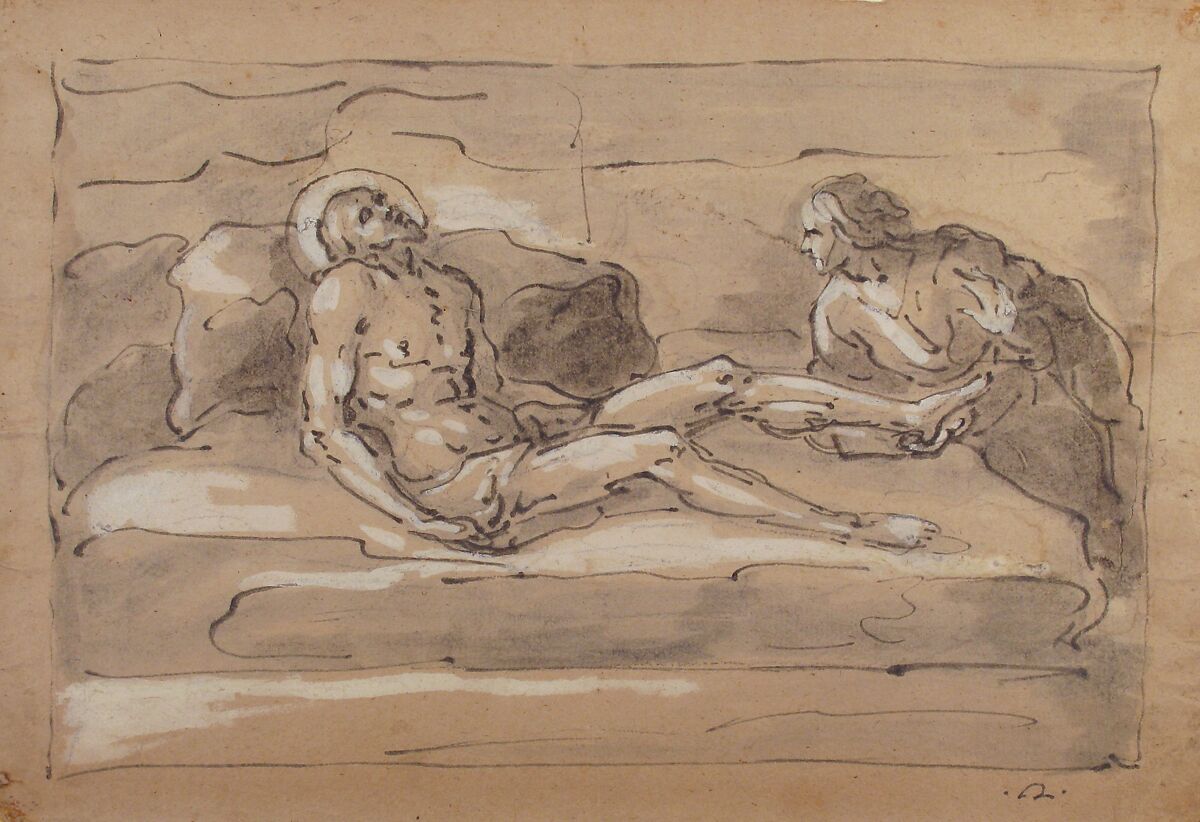 The Dead Christ Mourned by the Magdalen Who Venerates the Wounds on His Feet, Fortunato Duranti (Italian, 1787–1863), Pen and brown ink, brush and gray-brown wash, highlighted with white gouache
