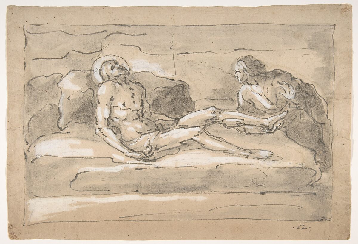 The Dead Christ Mourned by the Magdalen Who Venerates the Wounds on His Feet, Fortunato Duranti (Italian, 1787–1863), Pen and brown ink, brush and gray-brown wash, highlighted with white gouache 