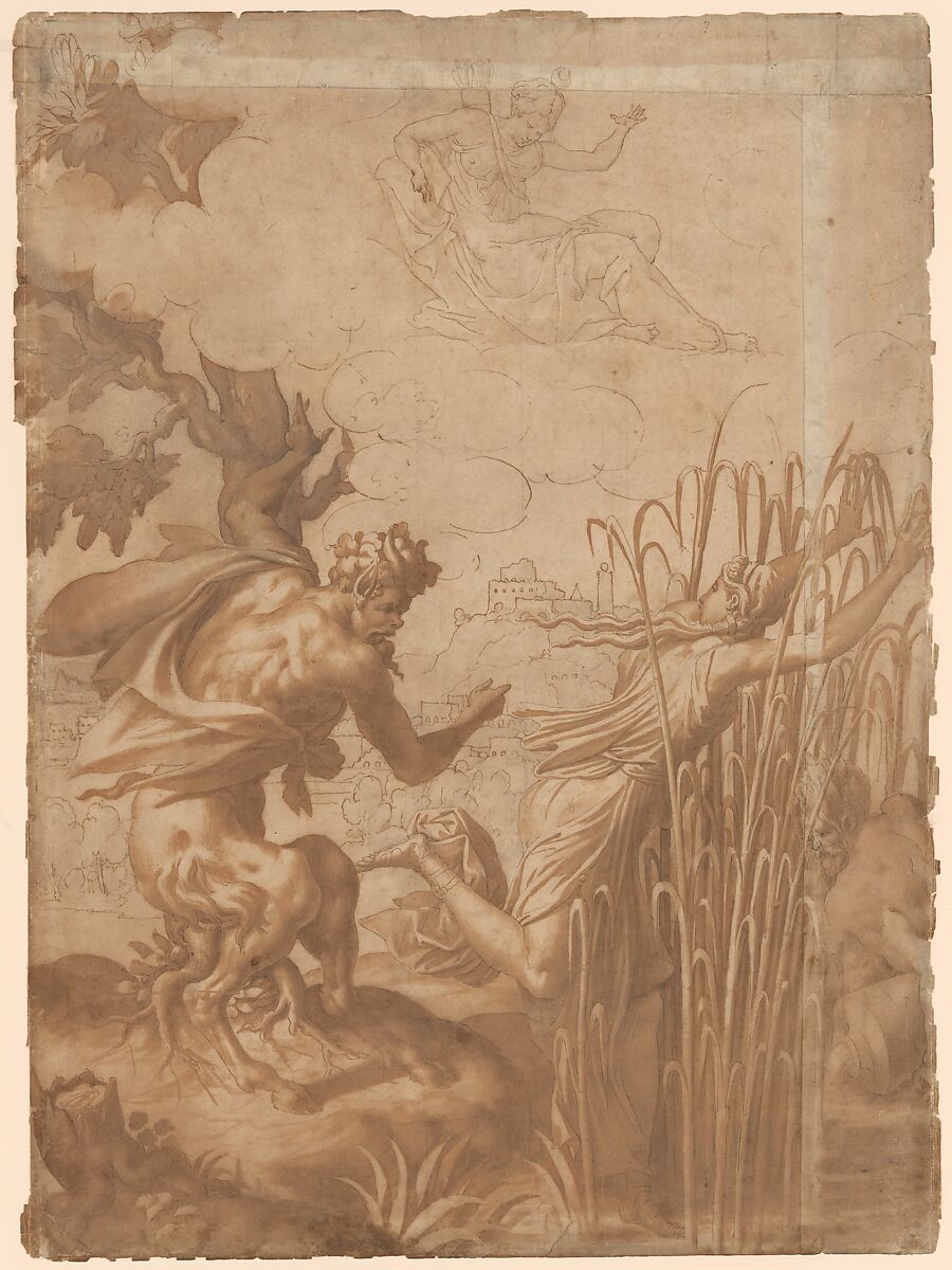 The Metamorphosis of Syrinx, Anonymous, French, School of Fontainebleau, 16th century, Pen and brown ink, brush and brown wash, over traces of black chalk, squared in black chalk 