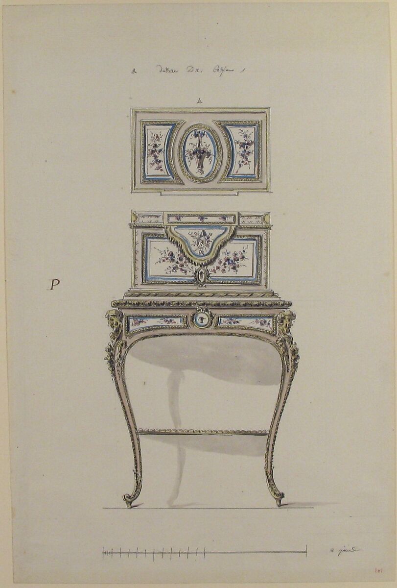 Design for a Jewel Coffer on a Writing Stand, Anonymous, French, 18th century, Pen and black ink, brush and gray and colored wash, with graphite underdrawing