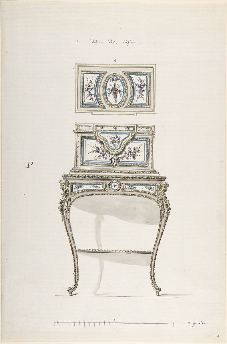 Design for a Jewel Coffer on a Writing Stand, Anonymous, French, 18th century  French, Pen and black ink, brush and gray and colored wash, with graphite underdrawing