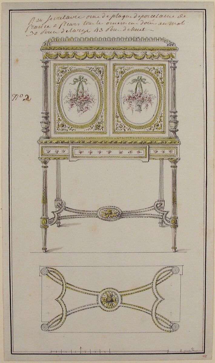 Design for an Upright Drop-Front Secretary, Anonymous, French, 18th century, Pen and black ink, brush and gray and colored wash. Framing lines in pen and ink. 