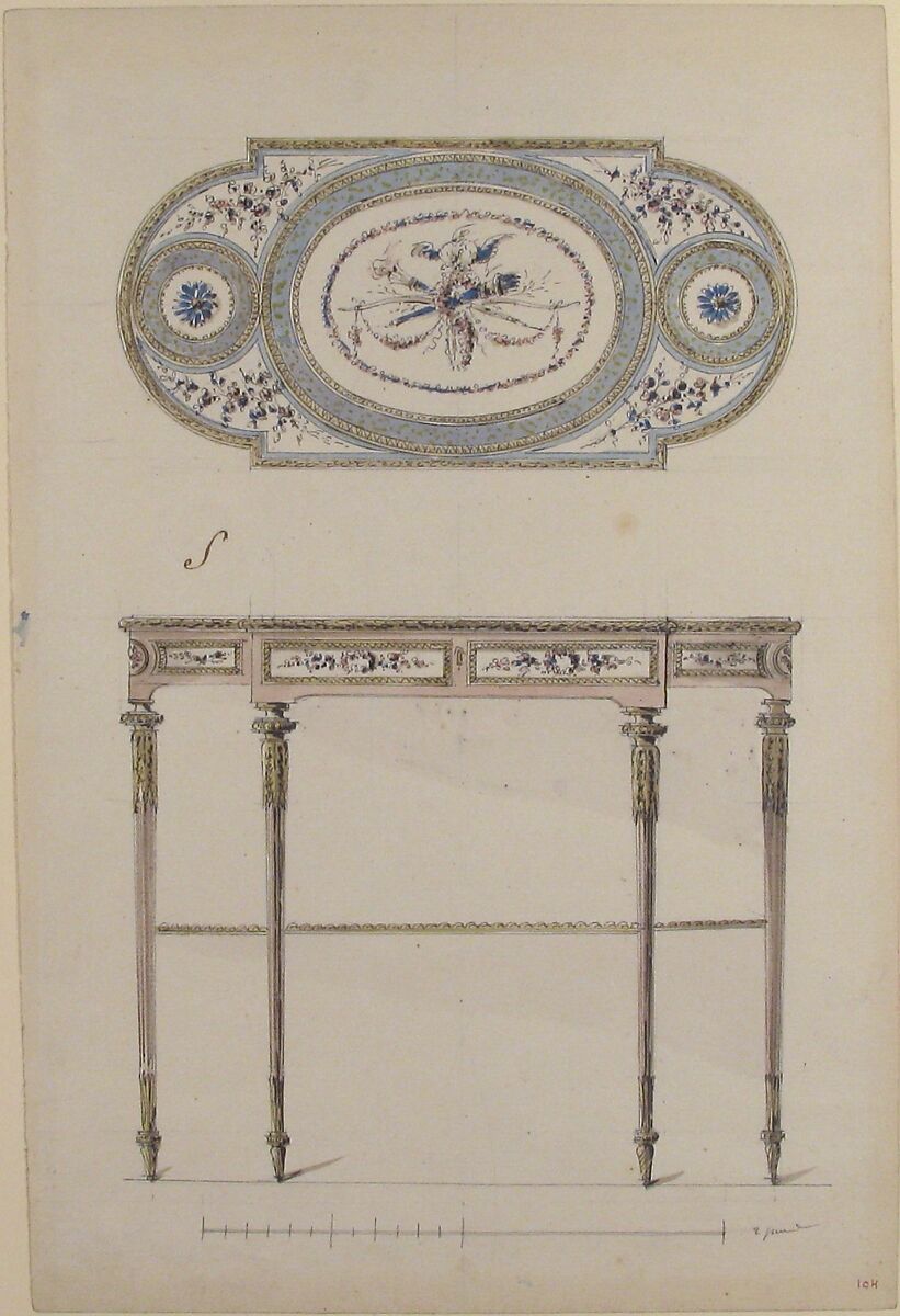 Design for a Center Table, Anonymous, French, 18th century, Pen and black ink, brush and brown wash, and watercolor 