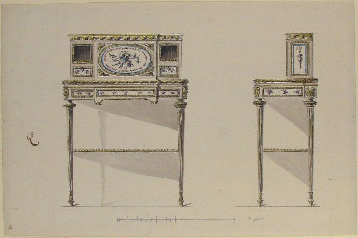 Design for a Lady's Writing Desk, Anonymous, French, 18th century, Pen and black ink, brush and gray wash, watercolor 
