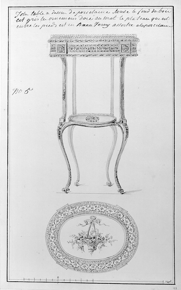 Design for an Occasional Table, Anonymous, French, 18th century, Pen and black ink, brush and gray, blue, rose and yellow wash. Framing lines in pen and black ink.