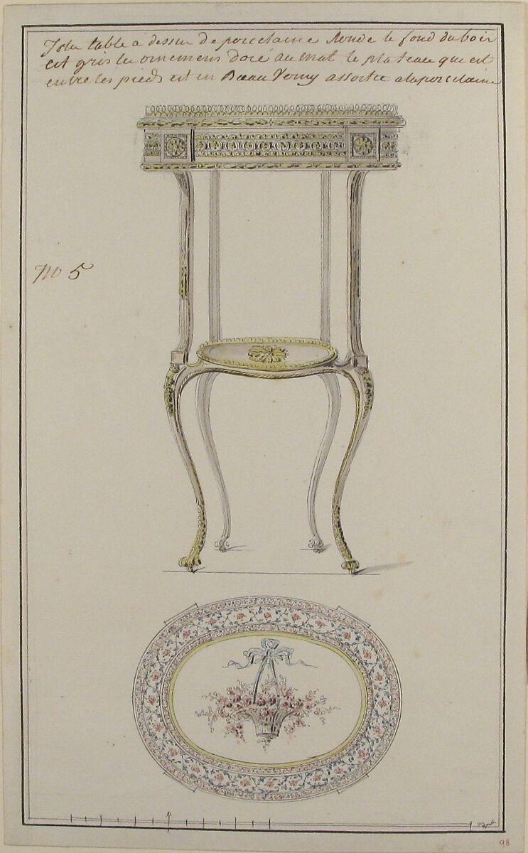 Design for an Occasional Table, Anonymous, French, 18th century, Pen and black ink, brush and gray, blue, rose and yellow wash. Framing lines in pen and black ink. 