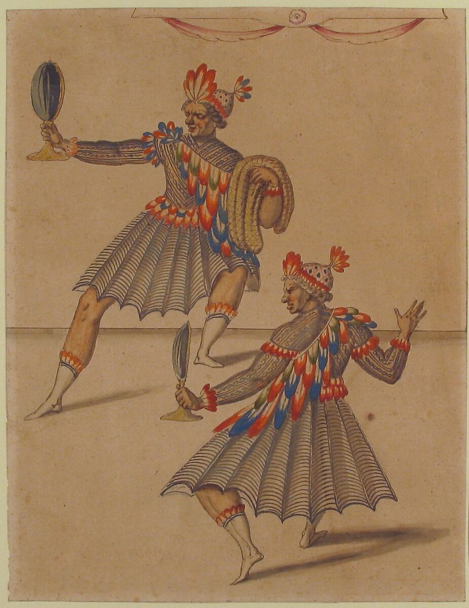 Drawing of Two 'Americans' for Ballet de la Douairière de Billebahaut, Daniel Rabel (French, Paris 1578–1637 Paris), Pen and brown ink, watercolor with silver and gold ink